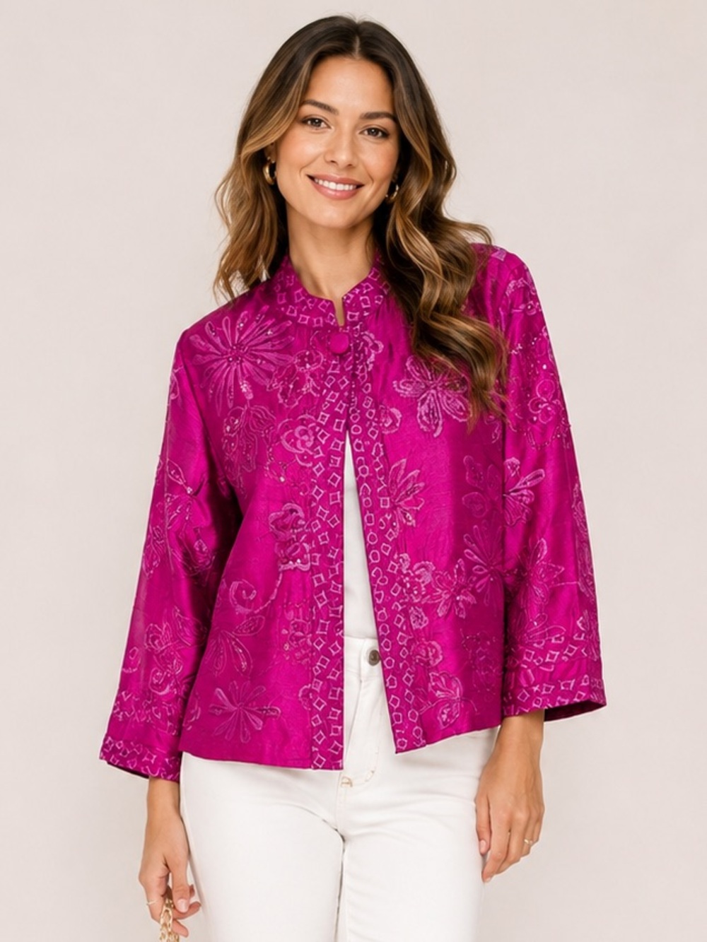 Chico’s 100% Silk Fuchsia Embroidered Sequin Jacket Size 1 Boho Art to Wear